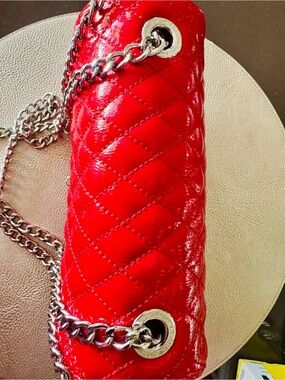 Italian Leather Red Quilted Patent Chain Shoulder Bag - Women's Fashion.